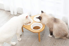 Raised Cat Bowls with Stand Feeder, Elevated Bamboo Stand with 3 Ceramics Bowls, anti Slip and Removable Feet. (Ceramic Bowls)